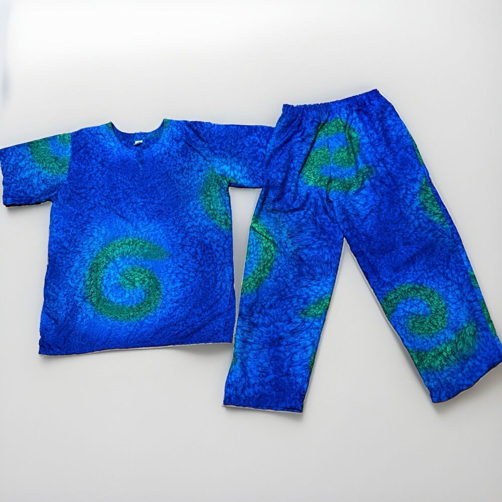 Rima Beach Hawaiian Matching Set Shirt Pants Large Silky Salt Dye Blue Green VTG